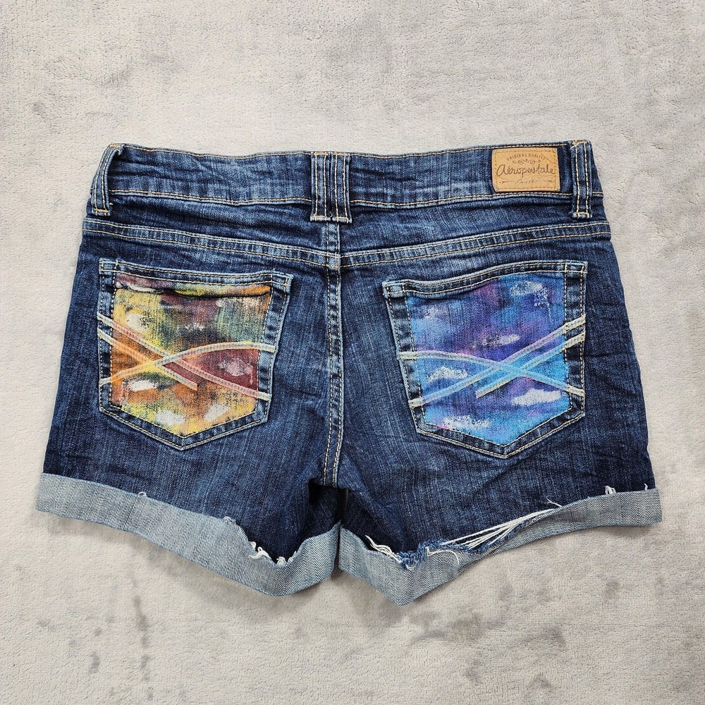Aeropostale Shorts Womens 2 Blue Denim Boyfriend Cuffed Painted Pockets Casual